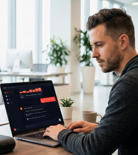 Un homme en sweat à capuche travaille sur son ordinateur portable dans un grand bureau paysager lumineux. L'écran de son ordinateur affiche le tableau de bord OpenClaw Dashboard. Le bureau est décoré de plantes et dispose de grandes fenêtres.
