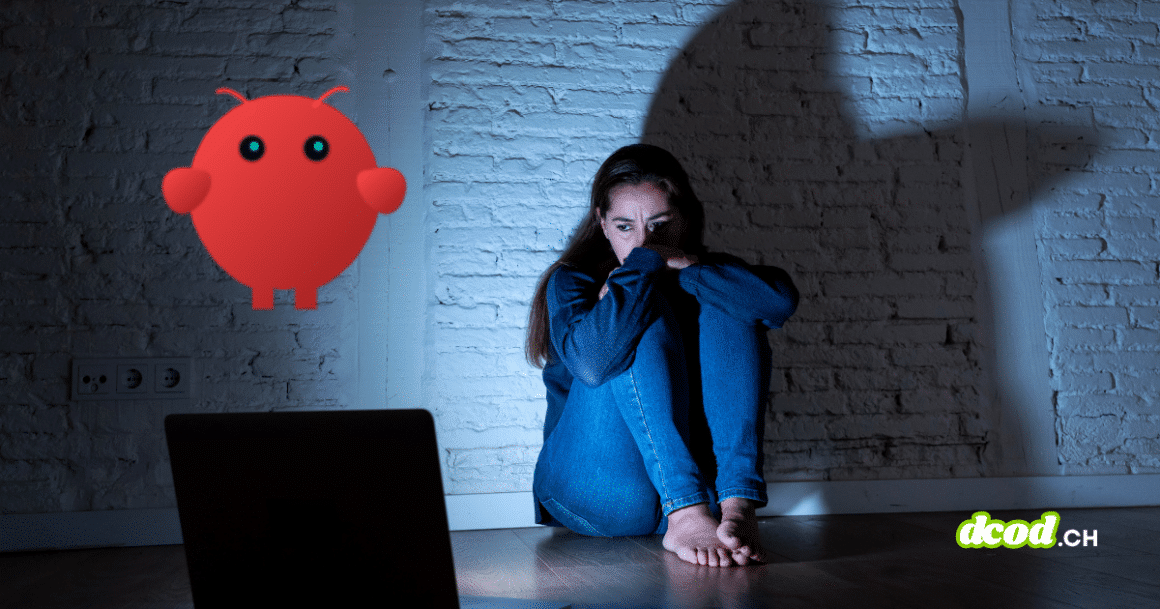 Une femme prostrée dans l'obscurité face à son ordinateur, illustrant l'impact du cyberharcèlement. Le robot rouge d'OpenClaw apparaît à gauche, tandis que l'ombre de la victime sur le mur évoque la forme inquiétante d'un aileron de requin.