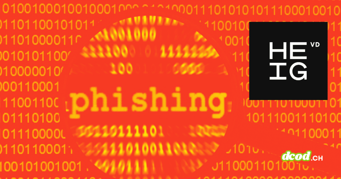 Illustration sur le thème de la cybersécurité présentant un fond rouge saturé couvert de lignes de code binaire (0 et 1). Au centre, une loupe agrandit le mot « phishing » écrit en jaune. En haut à droite se trouve le logo noir et blanc de la HEIG-VD, et en bas à droite, le logo vert et blanc du site dcod.ch.