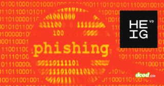 Illustration sur le thème de la cybersécurité présentant un fond rouge saturé couvert de lignes de code binaire (0 et 1). Au centre, une loupe agrandit le mot « phishing » écrit en jaune. En haut à droite se trouve le logo noir et blanc de la HEIG-VD, et en bas à droite, le logo vert et blanc du site dcod.ch.