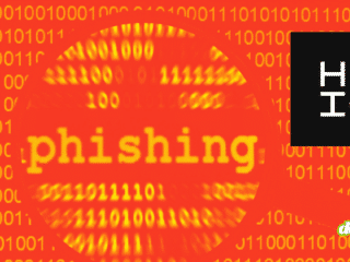 Illustration sur le thème de la cybersécurité présentant un fond rouge saturé couvert de lignes de code binaire (0 et 1). Au centre, une loupe agrandit le mot « phishing » écrit en jaune. En haut à droite se trouve le logo noir et blanc de la HEIG-VD, et en bas à droite, le logo vert et blanc du site dcod.ch.