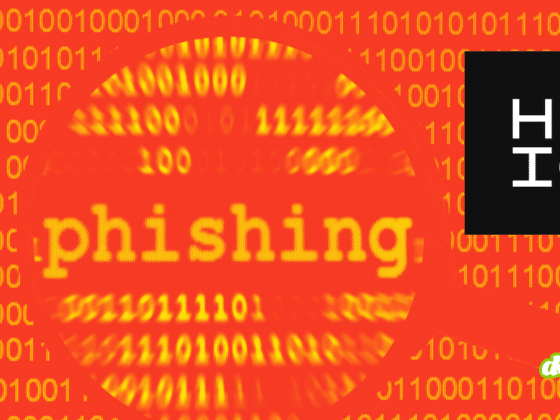 Illustration sur le thème de la cybersécurité présentant un fond rouge saturé couvert de lignes de code binaire (0 et 1). Au centre, une loupe agrandit le mot « phishing » écrit en jaune. En haut à droite se trouve le logo noir et blanc de la HEIG-VD, et en bas à droite, le logo vert et blanc du site dcod.ch.