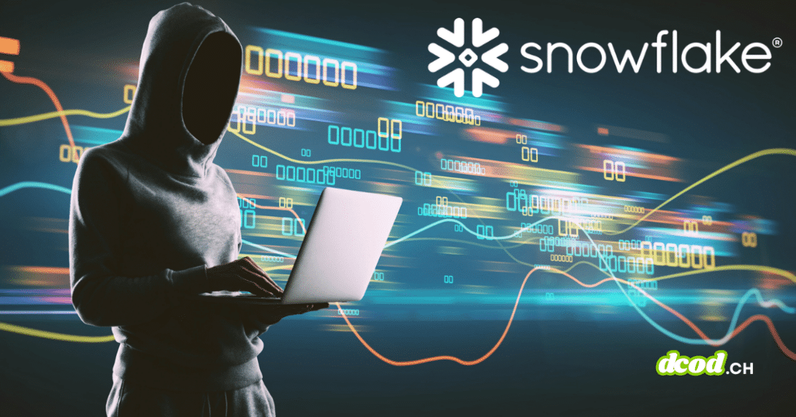 Illustration de cybersécurité représentant un individu anonyme en sweat à capuche manipulant un ordinateur portable, symbolisant le piratage du réseau The Com. En arrière-plan, des flux de données numériques colorés défilent avec le logo de l'entreprise Snowflake bien visible en haut à droite. Le logo dcod.ch figure en bas de l'image.