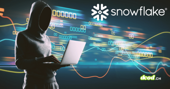 Illustration de cybersécurité représentant un individu anonyme en sweat à capuche manipulant un ordinateur portable, symbolisant le piratage du réseau The Com. En arrière-plan, des flux de données numériques colorés défilent avec le logo de l'entreprise Snowflake bien visible en haut à droite. Le logo dcod.ch figure en bas de l'image.