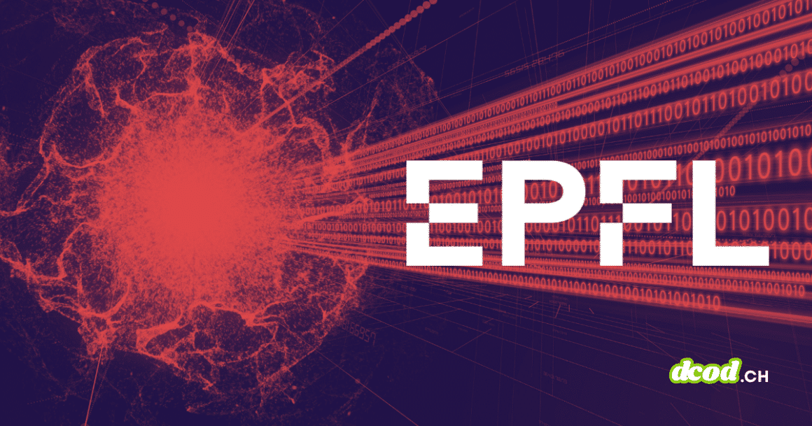 Illustration conceptuelle sur l'informatique quantique montrant le logo de l'EPFL en blanc sur un fond technologique rouge et violet, avec des flux de données binaires et une structure atomique stylisée.