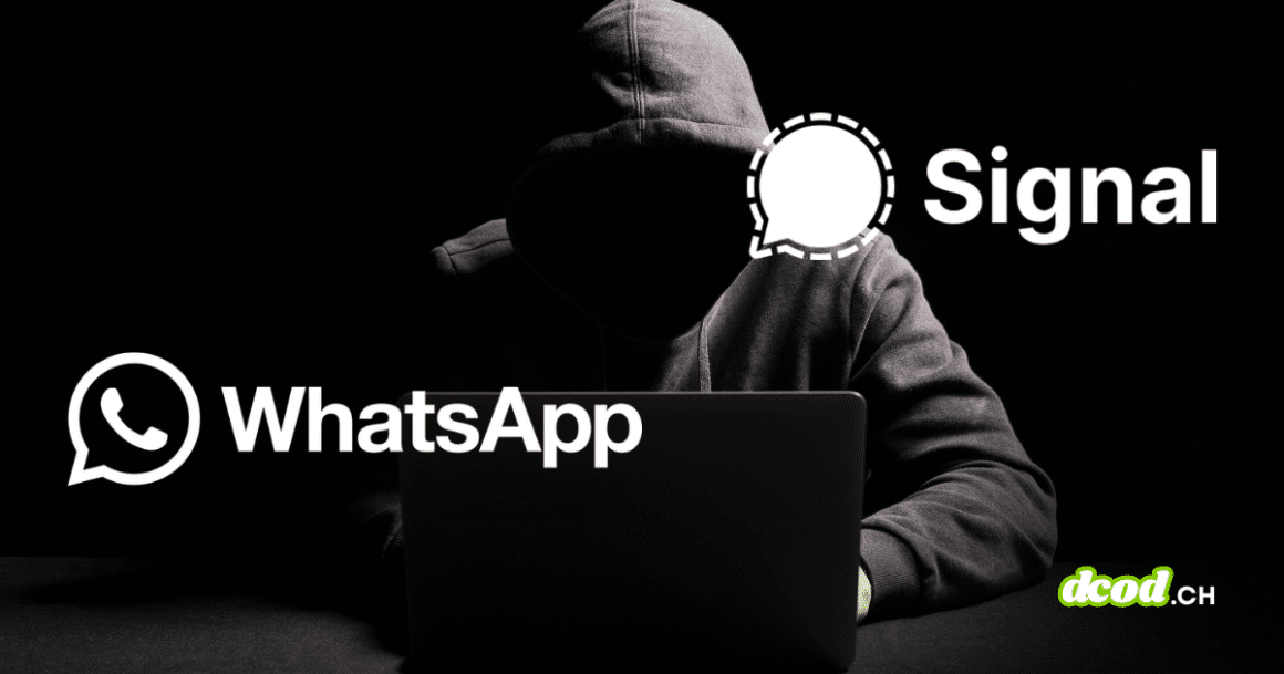 Image d'illustration de l'attaque sur les messageries : un pirate en pull à capuche devant son ordinateur, avec les logos WhatsApp et Signal affichés, incluant le filigrane d'expert dcod.ch.