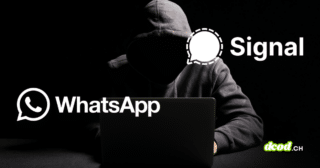Image d'illustration de l'attaque sur les messageries : un pirate en pull à capuche devant son ordinateur, avec les logos WhatsApp et Signal affichés, incluant le filigrane d'expert dcod.ch.