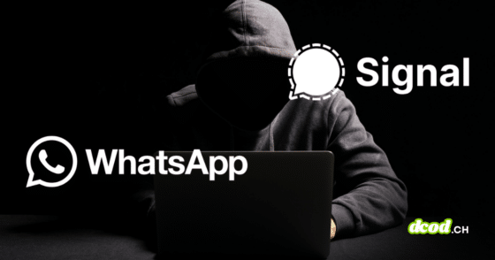 Image d'illustration de l'attaque sur les messageries : un pirate en pull à capuche devant son ordinateur, avec les logos WhatsApp et Signal affichés, incluant le filigrane d'expert dcod.ch.