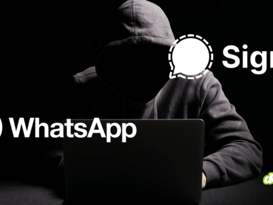 Image d'illustration de l'attaque sur les messageries : un pirate en pull à capuche devant son ordinateur, avec les logos WhatsApp et Signal affichés, incluant le filigrane d'expert dcod.ch.