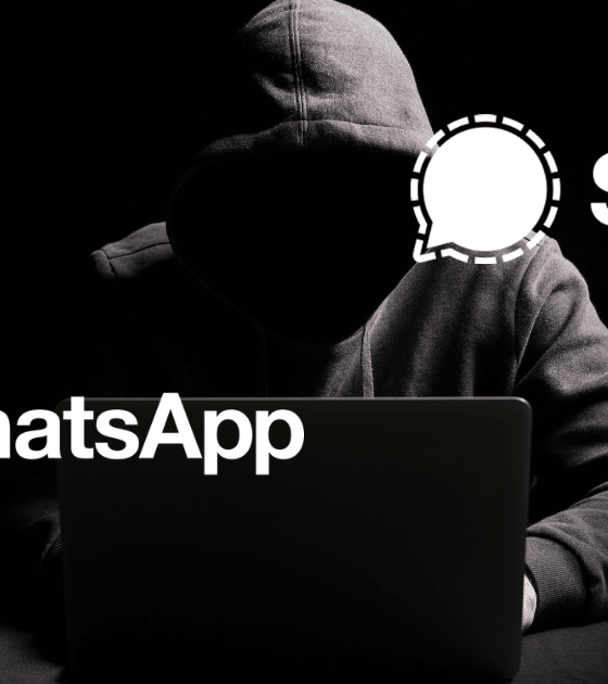 Image d'illustration de l'attaque sur les messageries : un pirate en pull à capuche devant son ordinateur, avec les logos WhatsApp et Signal affichés, incluant le filigrane d'expert dcod.ch.
