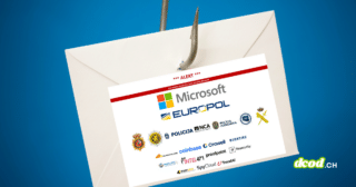 Avis de saisie par Europol et Microsoft superposé à une enveloppe accrochée à un hameçon, symbolisant le démantèlement du réseau de phishing Tycoon 2FA