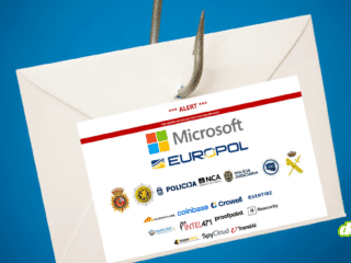 Avis de saisie par Europol et Microsoft superposé à une enveloppe accrochée à un hameçon, symbolisant le démantèlement du réseau de phishing Tycoon 2FA