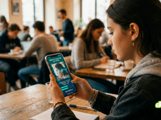 Une jeune femme de profil regarde son smartphone affichant un écran de vérification faciale avec l'indication 'Vérification en cours', assise à une table de café.