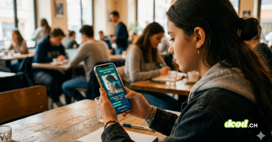 Une jeune femme de profil regarde son smartphone affichant un écran de vérification faciale avec l'indication 'Vérification en cours', assise à une table de café.