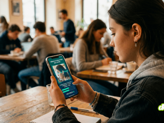 Une jeune femme de profil regarde son smartphone affichant un écran de vérification faciale avec l'indication 'Vérification en cours', assise à une table de café.