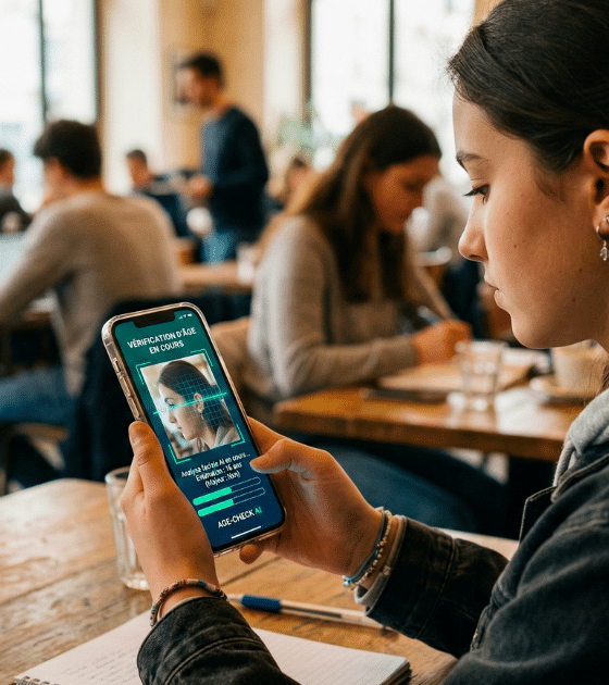 Une jeune femme de profil regarde son smartphone affichant un écran de vérification faciale avec l'indication 'Vérification en cours', assise à une table de café.