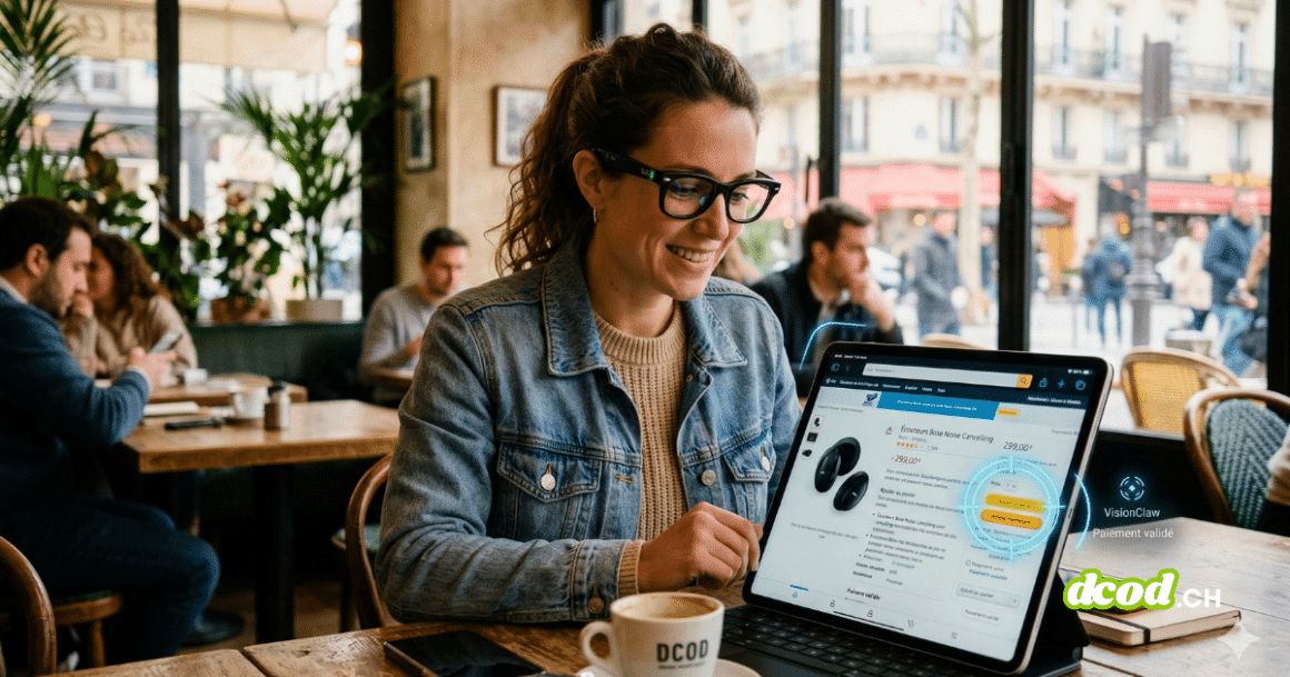 Une femme portant des lunettes connectées Ray-Ban Meta dans un café utilise l'interface VisionClaw pour acheter un produit sur une tablette. Un cercle de visée numérique bleu sur l'écran illustre la validation d'un achat par reconnaissance visuelle et intelligence artificielle.