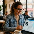 Une femme portant des lunettes connectées Ray-Ban Meta dans un café utilise l'interface VisionClaw pour acheter un produit sur une tablette. Un cercle de visée numérique bleu sur l'écran illustre la validation d'un achat par reconnaissance visuelle et intelligence artificielle.