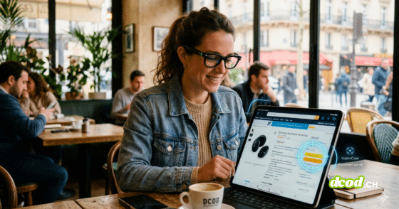 Une femme portant des lunettes connectées Ray-Ban Meta dans un café utilise l'interface VisionClaw pour acheter un produit sur une tablette. Un cercle de visée numérique bleu sur l'écran illustre la validation d'un achat par reconnaissance visuelle et intelligence artificielle.
