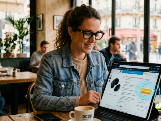 Une femme portant des lunettes connectées Ray-Ban Meta dans un café utilise l'interface VisionClaw pour acheter un produit sur une tablette. Un cercle de visée numérique bleu sur l'écran illustre la validation d'un achat par reconnaissance visuelle et intelligence artificielle.