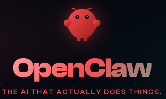 Logo d'OpenClaw montrant un robot rouge sphérique aux yeux bleus, surplombant le nom de la marque et son slogan "The AI that actually does things" sur un fond sombre.