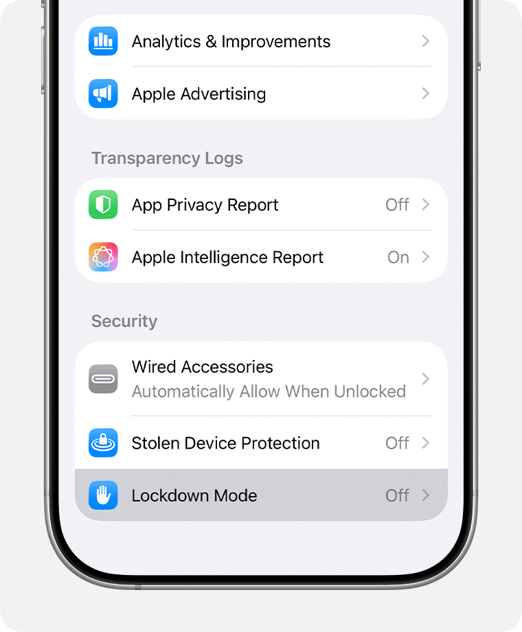 Image montrant le mode Lockdown  sur un iPhone (source Apple)