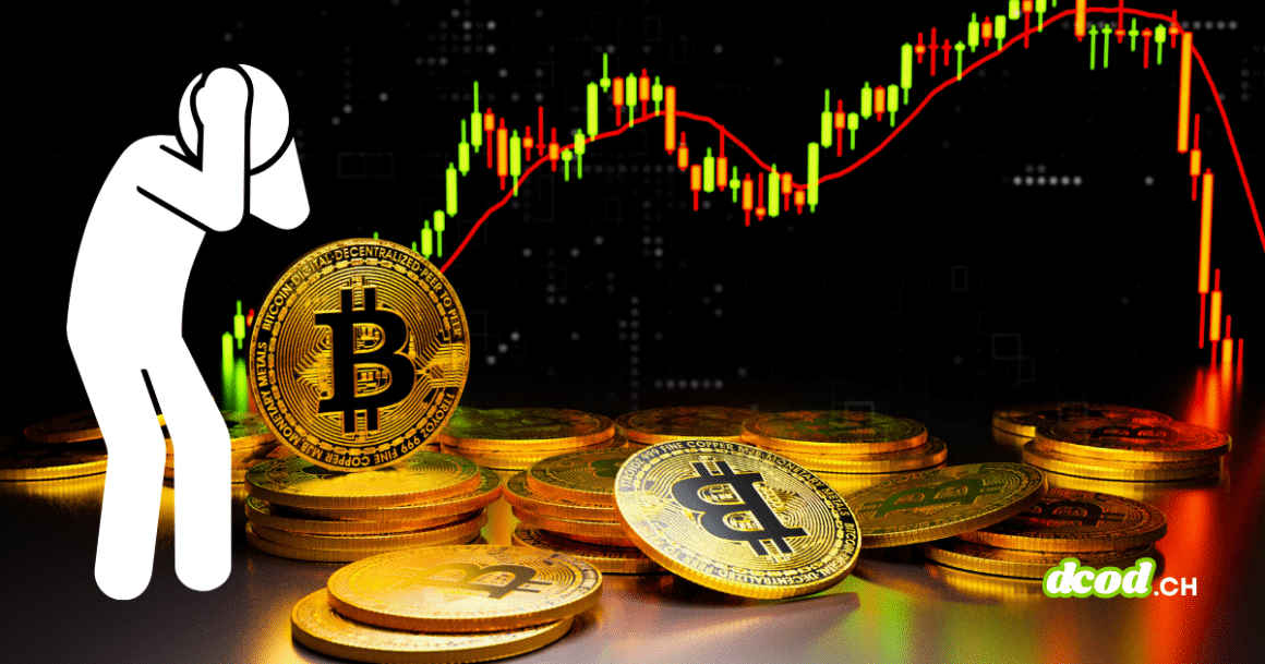 Illustration d'un personnage désespéré face à une chute du cours du Bitcoin, symbolisant comment un faux Ledger sur l'App Store siphonne les économies d'une vie.