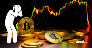 Illustration d'un personnage désespéré face à une chute du cours du Bitcoin, symbolisant comment un faux Ledger sur l'App Store siphonne les économies d'une vie.