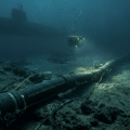Photographie sous-marine au format paysage montrant un épais câble de fibre optique noir reposant sur le fond marin accidenté. En arrière-plan, un sous-marin militaire sombre est en maraude, tandis qu'un drone sous-marin (ROV) explore la zone avec des projecteurs allumés. L'ambiance est sombre et froide, illustrant les infrastructures critiques en zone de conflit.