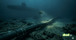 Photographie sous-marine au format paysage montrant un épais câble de fibre optique noir reposant sur le fond marin accidenté. En arrière-plan, un sous-marin militaire sombre est en maraude, tandis qu'un drone sous-marin (ROV) explore la zone avec des projecteurs allumés. L'ambiance est sombre et froide, illustrant les infrastructures critiques en zone de conflit.