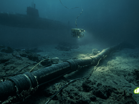 Photographie sous-marine au format paysage montrant un épais câble de fibre optique noir reposant sur le fond marin accidenté. En arrière-plan, un sous-marin militaire sombre est en maraude, tandis qu'un drone sous-marin (ROV) explore la zone avec des projecteurs allumés. L'ambiance est sombre et froide, illustrant les infrastructures critiques en zone de conflit.