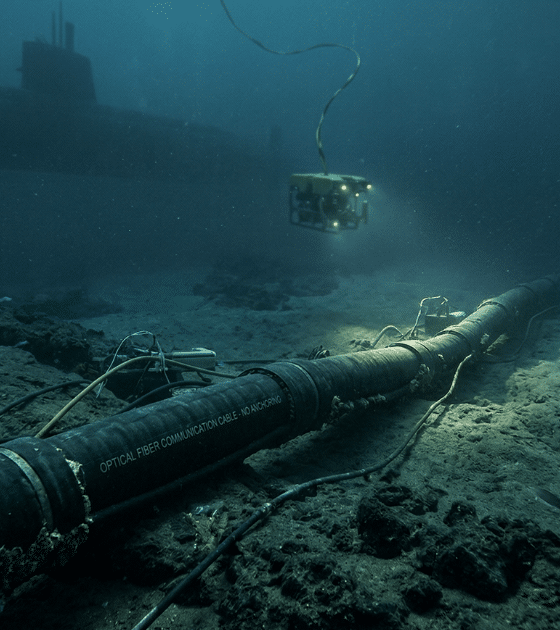 Photographie sous-marine au format paysage montrant un épais câble de fibre optique noir reposant sur le fond marin accidenté. En arrière-plan, un sous-marin militaire sombre est en maraude, tandis qu'un drone sous-marin (ROV) explore la zone avec des projecteurs allumés. L'ambiance est sombre et froide, illustrant les infrastructures critiques en zone de conflit.