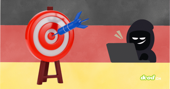 Illustration symbolique représentant un pirate informatique masqué derrière un ordinateur ciblant le drapeau allemand avec une fléchette. L'Allemagne devient la cible numéro 1 de la cyber-extorsion en Europe.
