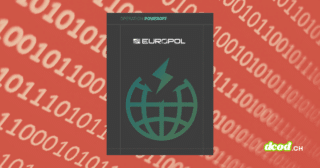 Visuel de couverture de l'article présentant le logo d'Europol et de l'opération PowerOFF sur un fond de code binaire rouge, illustrant la frappe contre 53 services mondiaux de DDoS-for-hire.