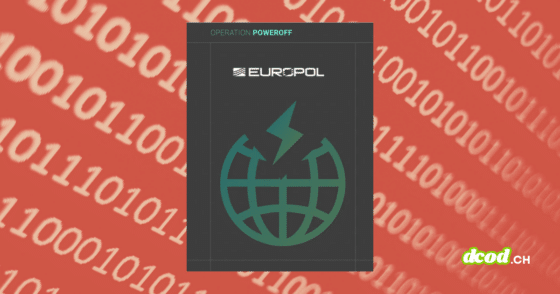 Visuel de couverture de l'article présentant le logo d'Europol et de l'opération PowerOFF sur un fond de code binaire rouge, illustrant la frappe contre 53 services mondiaux de DDoS-for-hire.