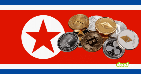 Illustration montrant le drapeau de la Corée du Nord superposé à un tas de pièces de cryptomonnaies (Bitcoin, Ethereum, XRP, Litecoin), symbolisant le vol de 285 millions de dollars au protocole Drift par un groupe nord-coréen.