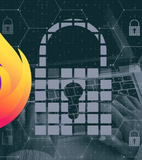 Illustration de l'article "Firefox déploie un VPN gratuit et un disjoncteur IA" montrant le logo coloré de Firefox à côté d'un grand cadenas stylisé, sur un fond de réseau numérique hexagonal avec le logo dcod.ch.