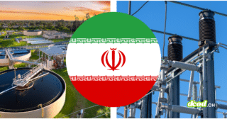 Infrastructures US : l'Iran pirate les réseaux d'eau et d'énergie. Illustration montrant une station de traitement d'eau et un transformateur électrique entourant le drapeau de l'Iran.