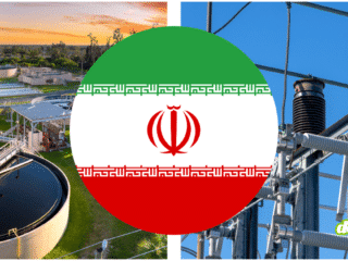 Infrastructures US : l'Iran pirate les réseaux d'eau et d'énergie. Illustration montrant une station de traitement d'eau et un transformateur électrique entourant le drapeau de l'Iran.