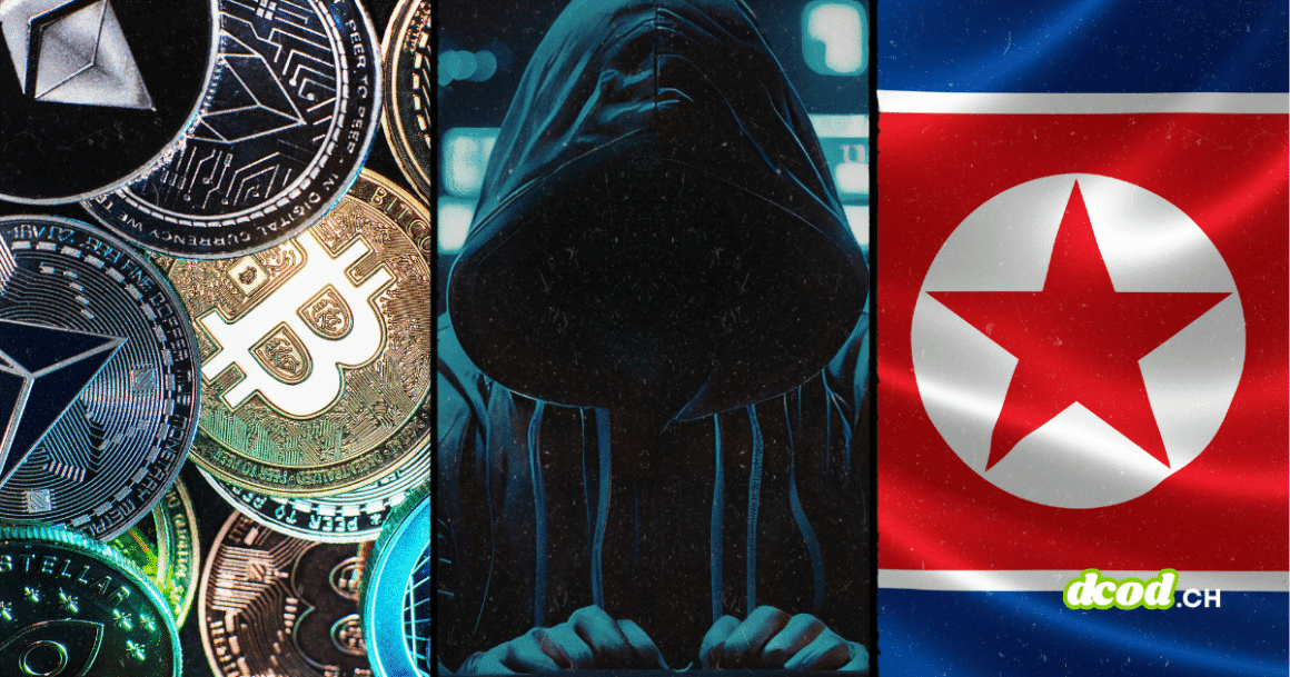 Illustration de l'exploit Kelp DAO et Aave de 290M$ par la Corée du Nord : montage d'actifs numériques, d'un pirate informatique et du drapeau nord-coréen.