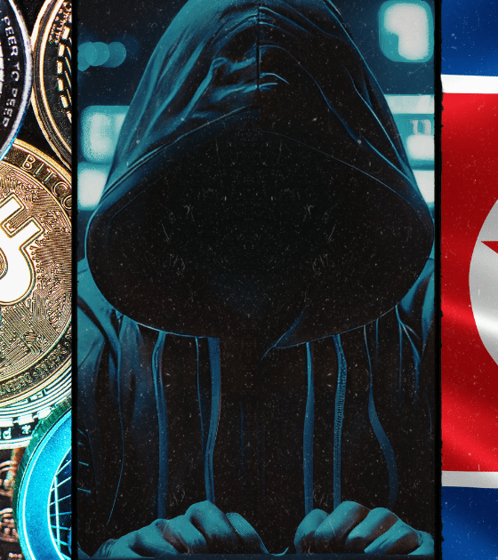 Illustration de l'exploit Kelp DAO et Aave de 290M$ par la Corée du Nord : montage d'actifs numériques, d'un pirate informatique et du drapeau nord-coréen.