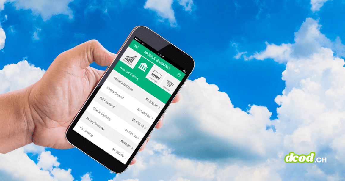 Une main tenant un smartphone affichant une application de "Mobile Banking" sur un fond de ciel bleu nuageux, illustrant comment les téléphones cloud contournent la sécurité des banques.