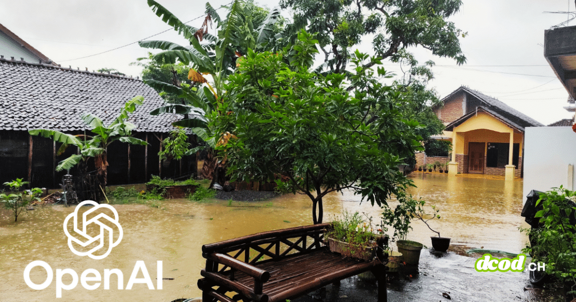 Quartier résidentiel inondé en Asie avec le logo OpenAI, illustrant comment l'entreprise déploie l'IA pour optimiser la gestion des catastrophes naturelles.