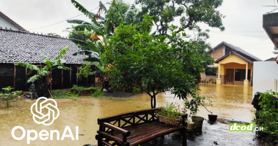 Quartier résidentiel inondé en Asie avec le logo OpenAI, illustrant comment l'entreprise déploie l'IA pour optimiser la gestion des catastrophes naturelles.