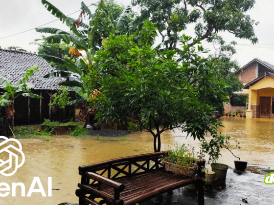 Quartier résidentiel inondé en Asie avec le logo OpenAI, illustrant comment l'entreprise déploie l'IA pour optimiser la gestion des catastrophes naturelles.