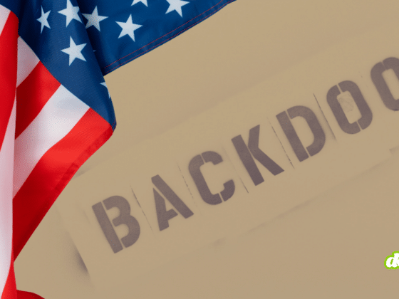 Illustration montrant le drapeau des États-Unis à côté du mot 'BACKDOOR' poché sur un fond neutre, symbolisant les accusations de portes dérobées et de sabotage des réseaux informatiques.