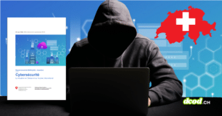Visuel d'un pirate informatique devant le rapport semestriel de l'OFCS sur la menace Akira, prédateur numéro 1 en Suisse, pour le média dcod.ch.