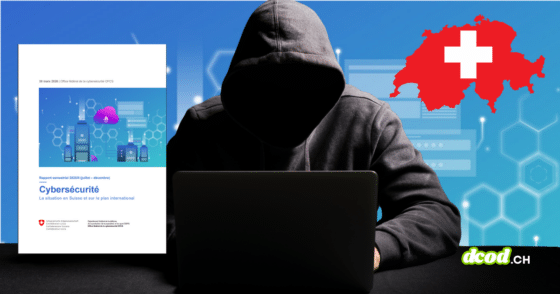 Visuel d'un pirate informatique devant le rapport semestriel de l'OFCS sur la menace Akira, prédateur numéro 1 en Suisse, pour le média dcod.ch.