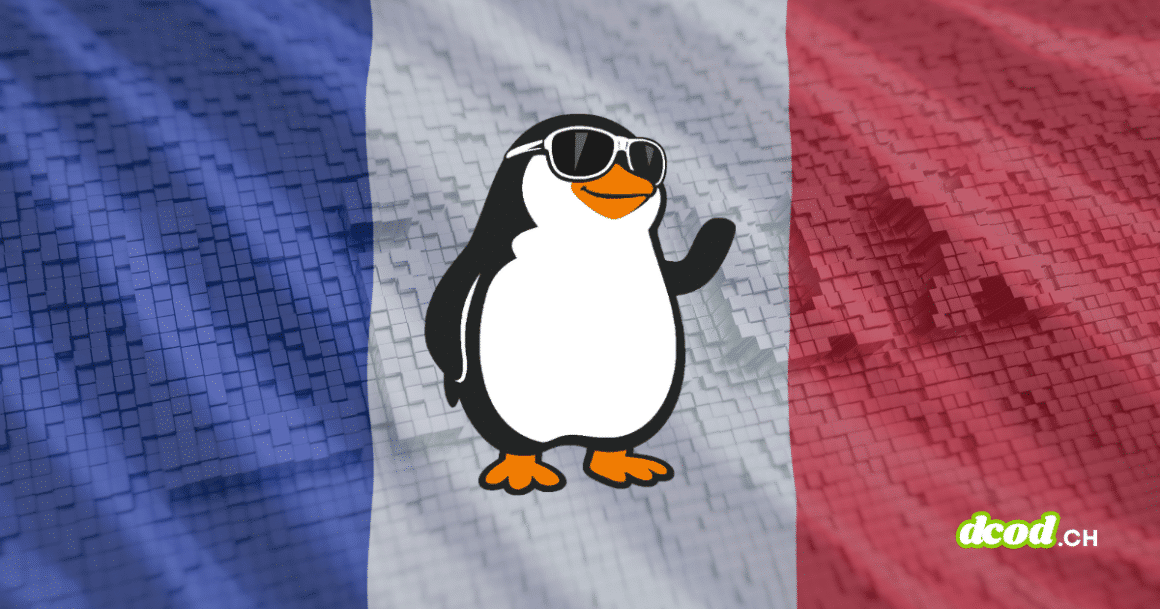 Mascotte Tux de Linux devant un drapeau de la France illustrant la stratégie de souveraineté numérique de l'État pour le média dcod.ch.