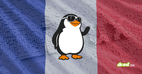 Mascotte Tux de Linux devant un drapeau de la France illustrant la stratégie de souveraineté numérique de l'État pour le média dcod.ch.